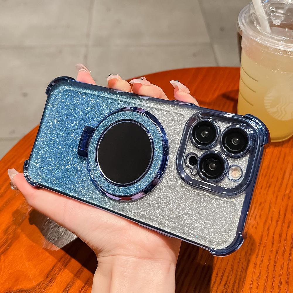 Plating Flash Mirror Holder Stand Soft Silicone Four Corners Air Cushion Shockproof Protection Case for Samsung Xiaomi Poco Redmi