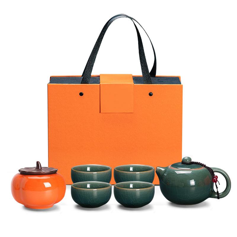 Ge kiln dense kiln kung fu tea set, one pot and four cups gift box, business souvenir for customers