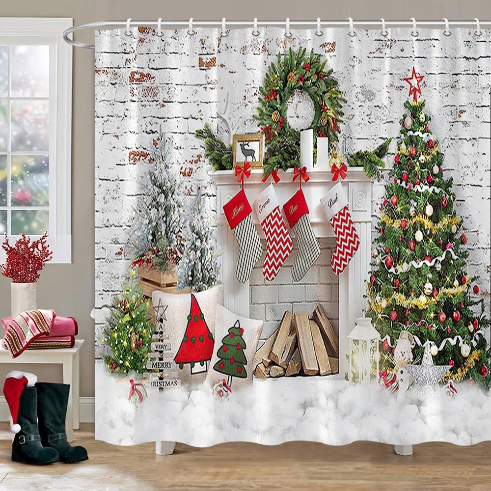 Weihnachten Hintergrund Duschvorhang Feiertagsgeschenke Kamin Weihnachtsbaum Girlande Stoff Badvorhänge Badezimmerdeko mit Haken