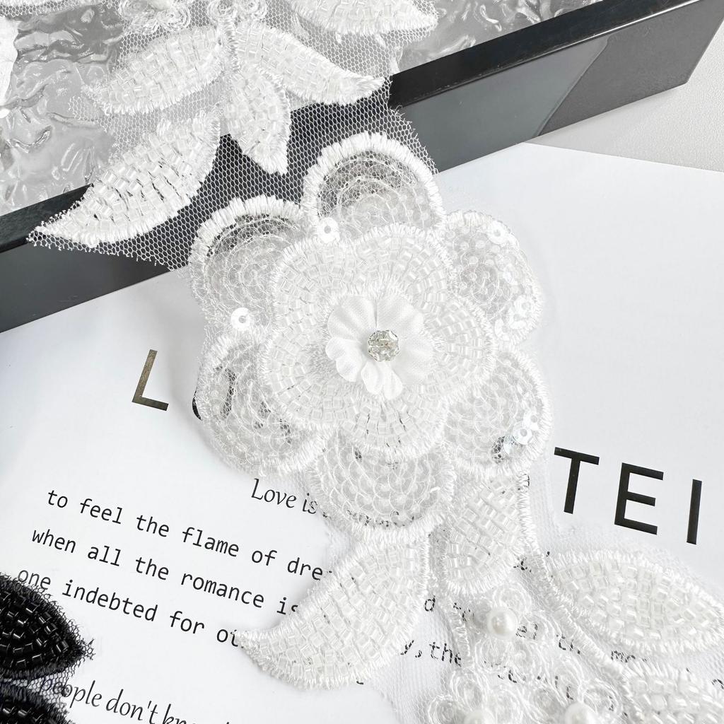 Black And White Two-Color Beaded Sequins Three-Dimensional Flower Mesh Accessories Barcode Clothing Dress Luggage Decoration Lace Accessories