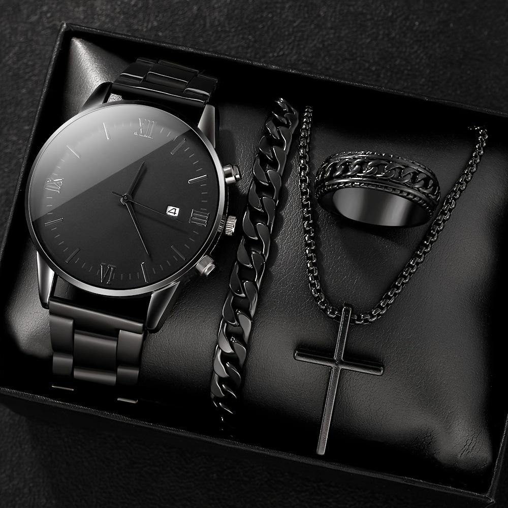 Men S Trend Roman Numerals Fashion Watch Men S 4 Pieces/Set Men S Black Minimalist Quartz Watch Set Men S Watch