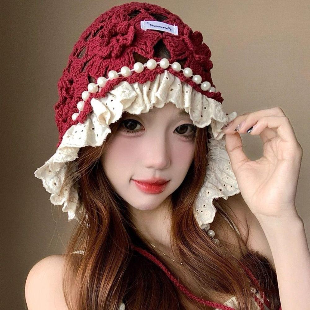 Pearl Tassels Lace Beanies Hollow Out Weave Cap Cute Ethnic Style Hat  Girls
