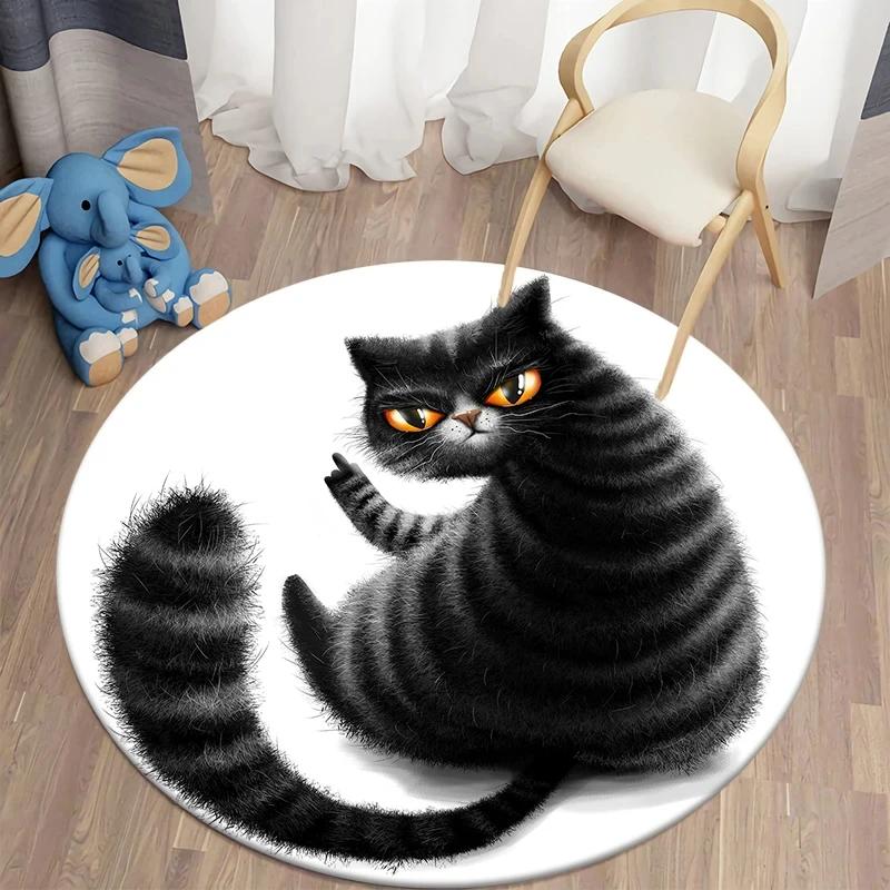Black Cat Round Carpet Kawaii Cartoon Animal Print Rug for Living Room Bedroom Chair Decor Comfort Yoga Mat Non Slip Floor Mats