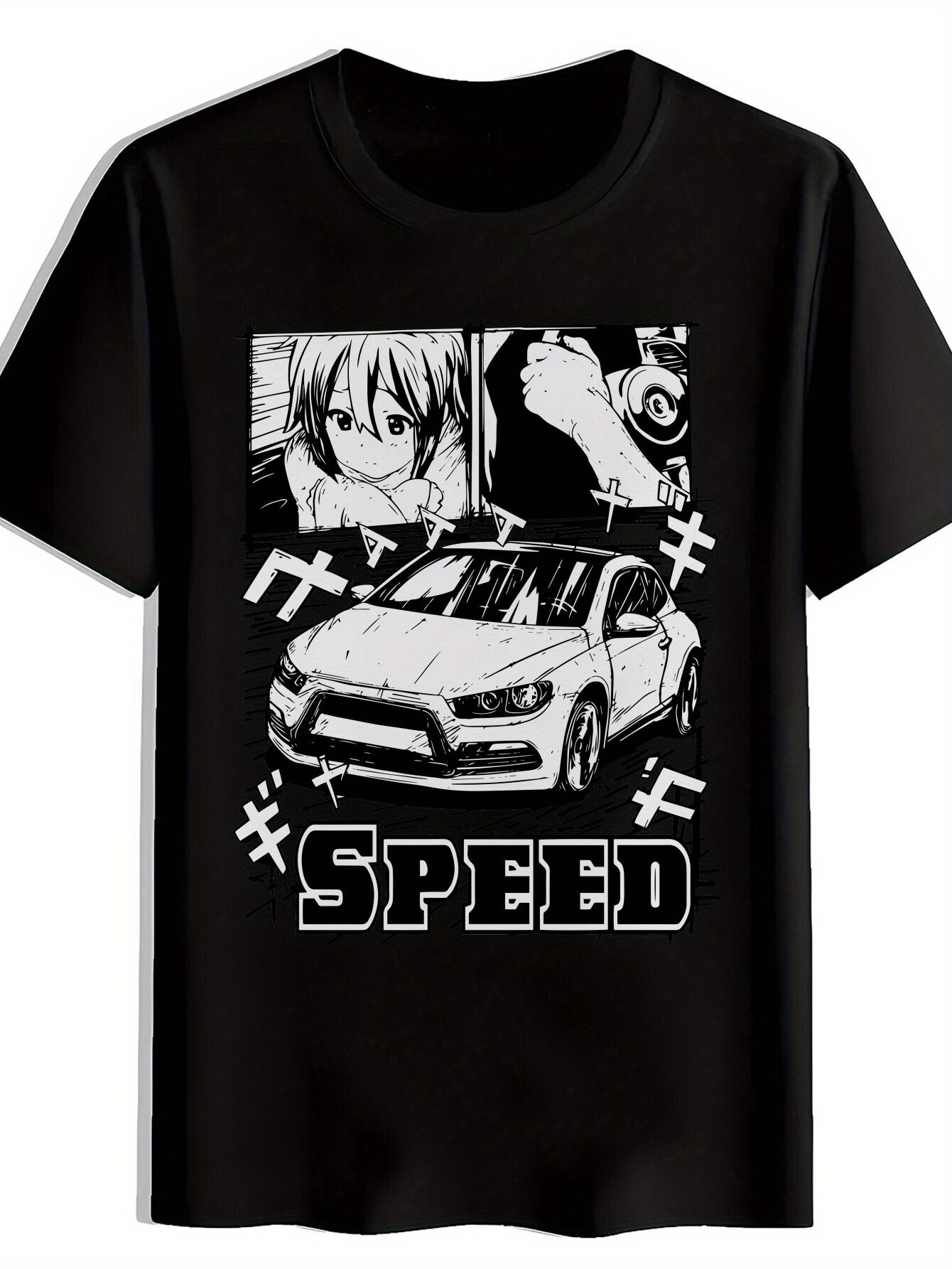 Black Anime-Inspired Graphic T-shirt - SPEED Design with Anime Character & Car M