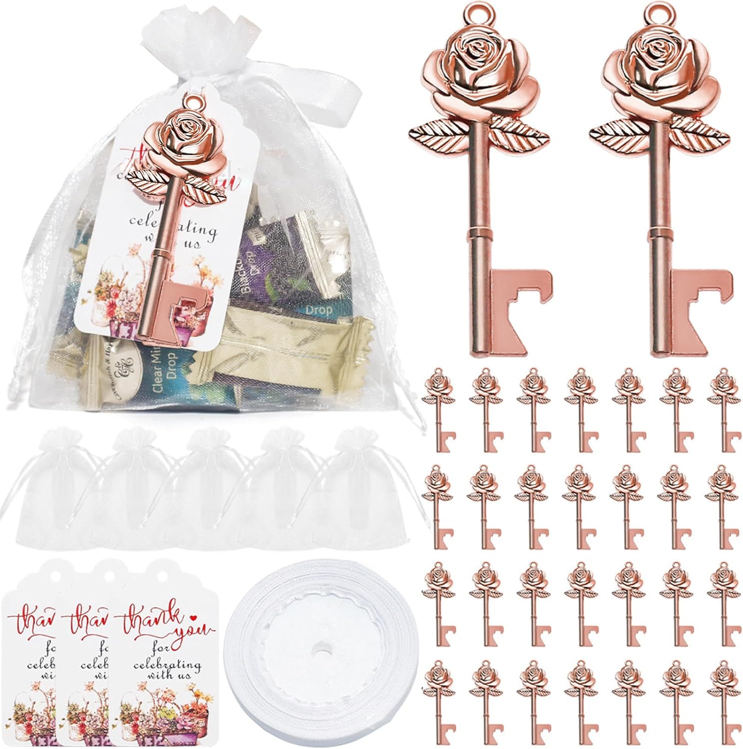 

50 Set Key Bottle Openers Rose Flower Shaped Keys Wedding Favors with Candy Bag Tag and Ribbon for Wedding Pas Decorations Guestsrty Supplies Party розового золота