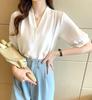 Short Sleeve Blouse Pearl Top Cut and Sewn Spring Summer Chiffon Thin Plain Green M M Size Green Green Green Green Formal Simple Office Office Casual