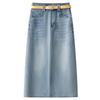 Summer 2025 Women's High-Waist Blue Denim Midi Skirt - Slimming A-Line for Pear-Shaped Bodies
