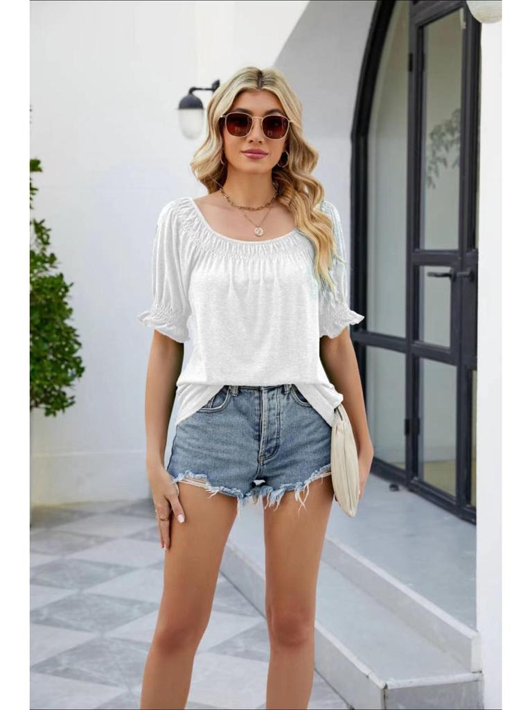 2023 Summer Casual Loose Fit Square Neck Short Sleeve T-shirt