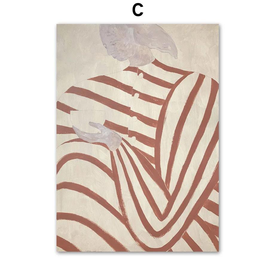 Sofia Lind Striped Pajamas Woman Geometry Leaf Canvas PaintingNordic Poster Wall Art Print  Retro Pictures For Living Room Decor