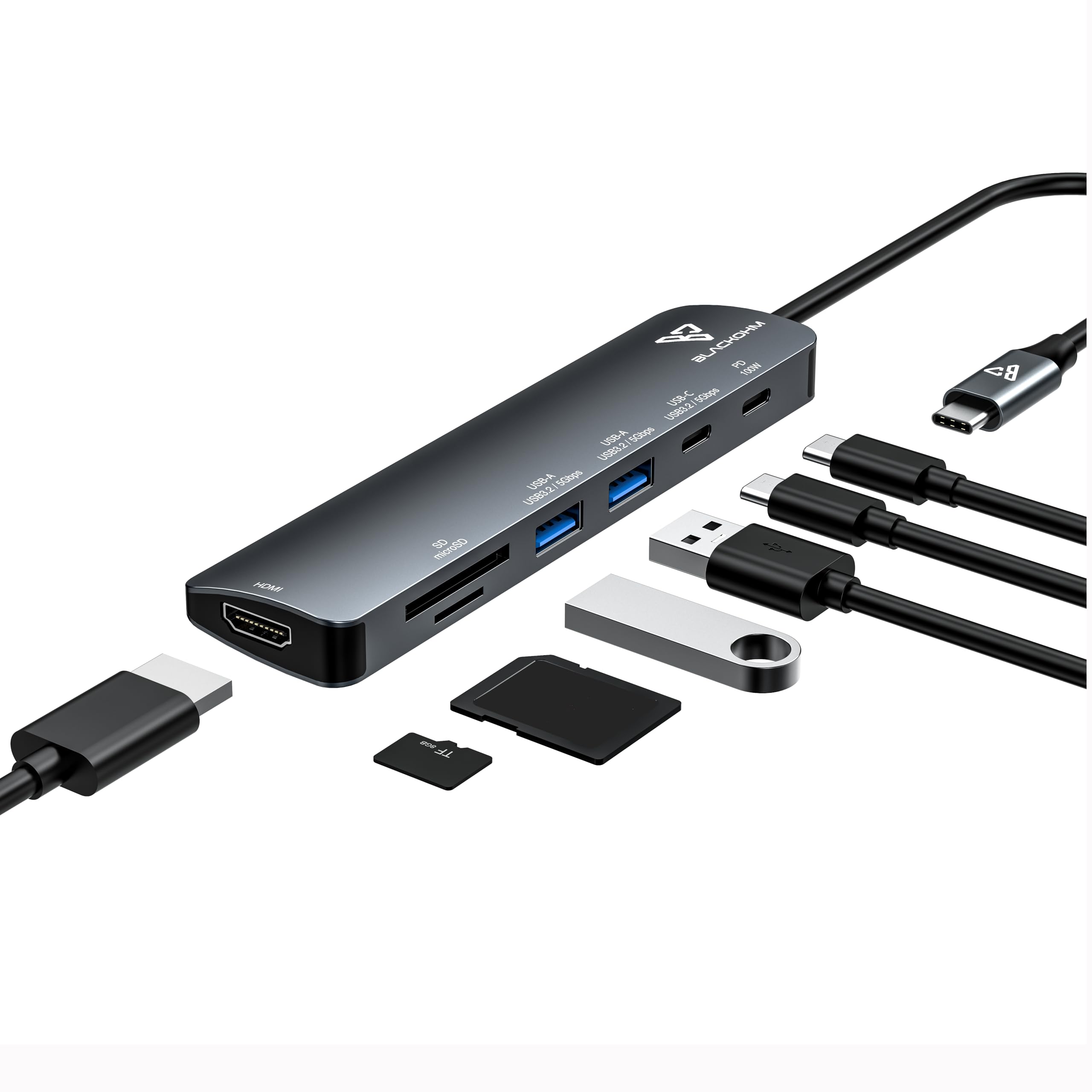 

Blackohm USB C Хаб USBHUB Хаб Выход HDMI Передача данных PD100W Быстрая зарядка 5 Гбит/с Кардридер SD Кардридер MicroSD Карта Совместим с