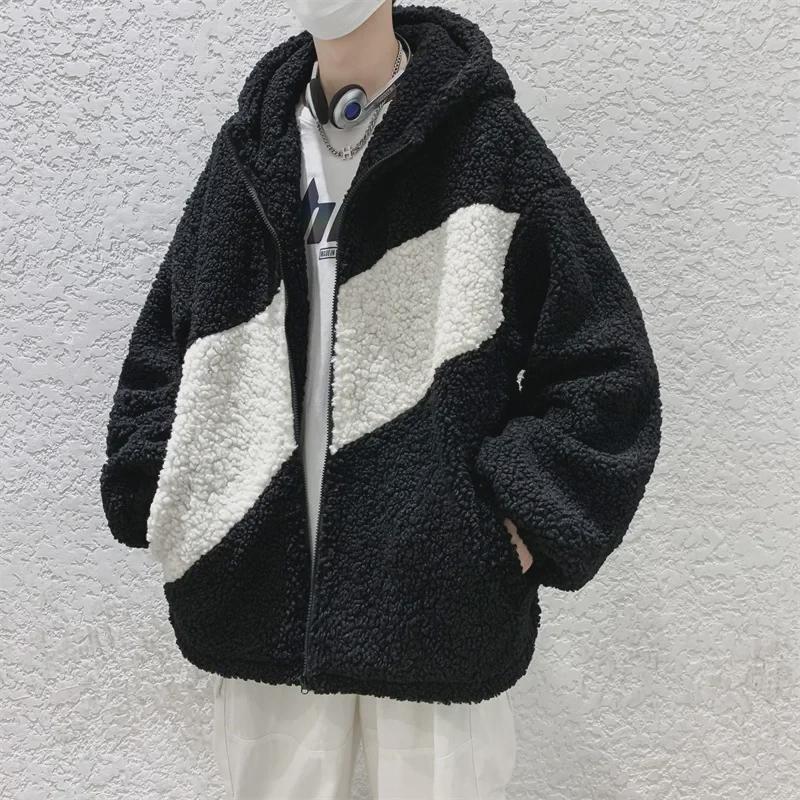 Pánská trendy bunda s kapucí z jehněčí vlny - Hip-hopový styl, zateplená a volná, s vlivem Hongkongu a Koreje pro podzim/zimu