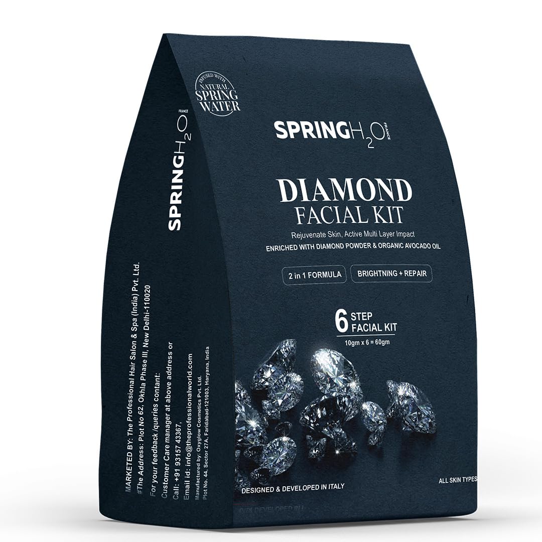 SPRING H2O Diamond Facial Kit 60g | 2-in-1 Brightening & Repair Formula | Enriched with Diamond Powder & Organic Avocado Oil | 6-Step Facial for Gl