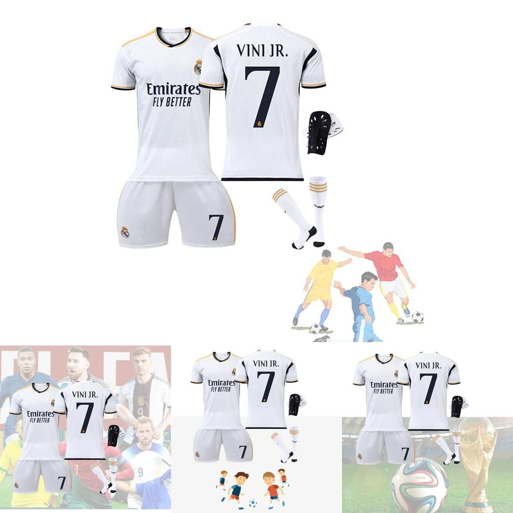 Real Madrid Home 7 Vini.jr Soccer Jersey Set For Kids And Adults Polyester Fabric Shirt Pants Socks And Protective Gear Included