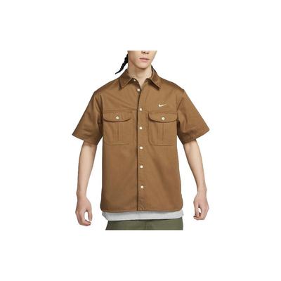 Solid Color Button-Down Collar Short Sleeve T-Shirt Unisex Tops Brown DV9076-270