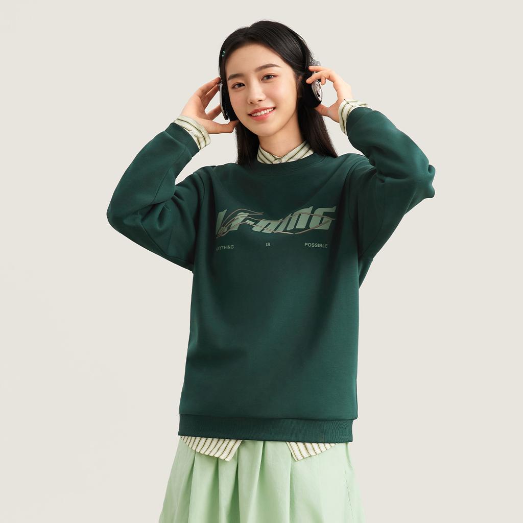 Li Ning Sports Lifestyle Series Fleece Warm Round Neck Letter Loose Sweatshirt Unisex Sweatshirt Forest-Green AWDVC63-1