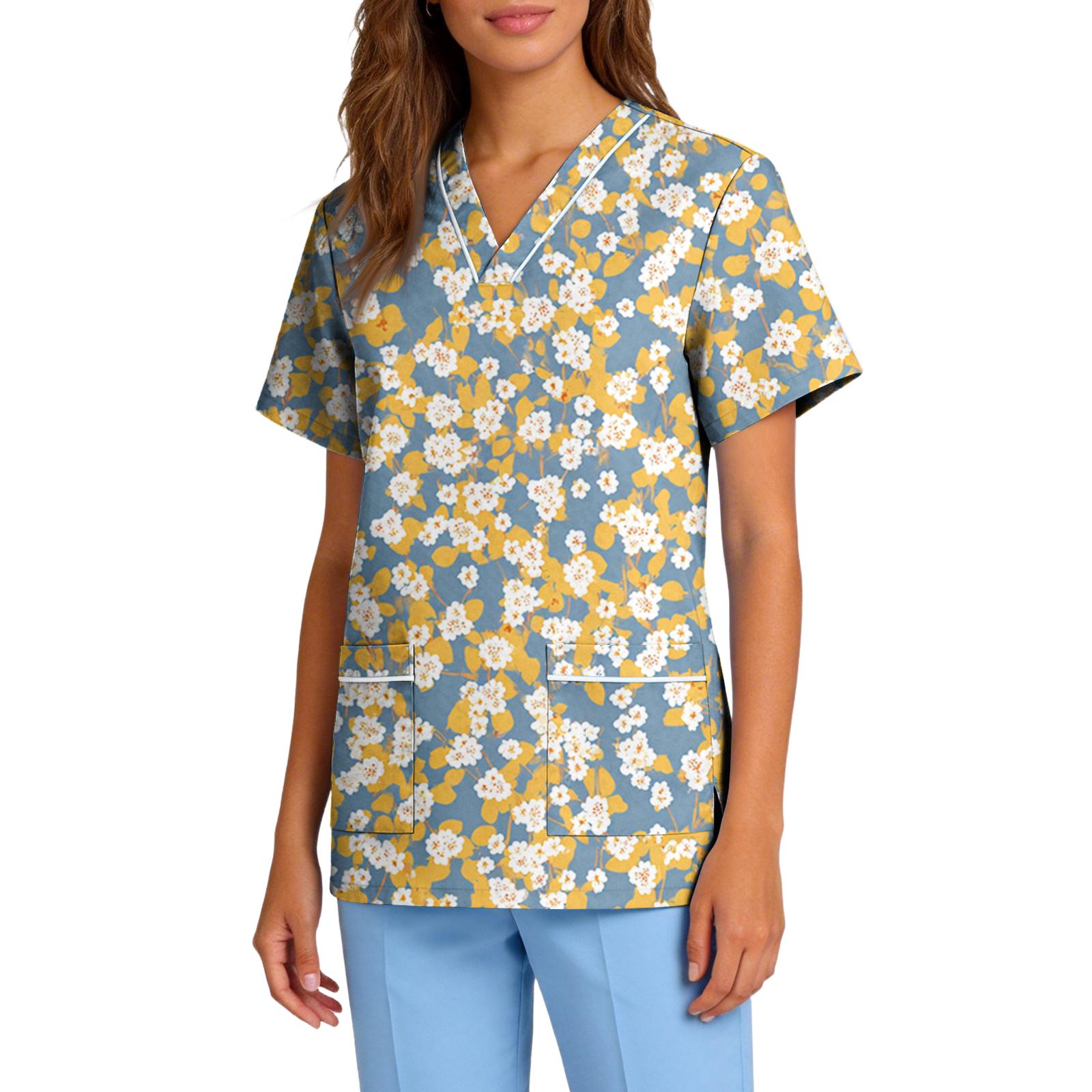 

Women s Stretch Quick-Dry V-Neck Short Sleeve Workwear Top with Floral Print & Pockets XL жовтий