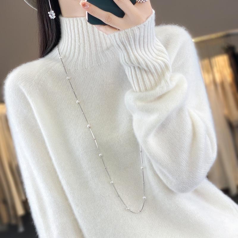 Women's High Neck 100% Wool Sweater - Loose Knit, Thick, Versatile, Cozy Base Layer for Autumn & Winter