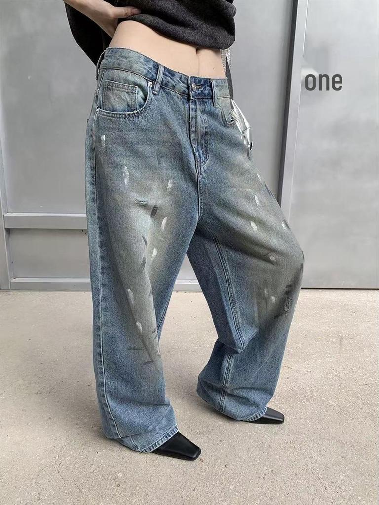 Women's Wide-Leg Jeans - Post-Apocalyptic Ink Splatter, Distressed Vintage Style for Autumn 2025