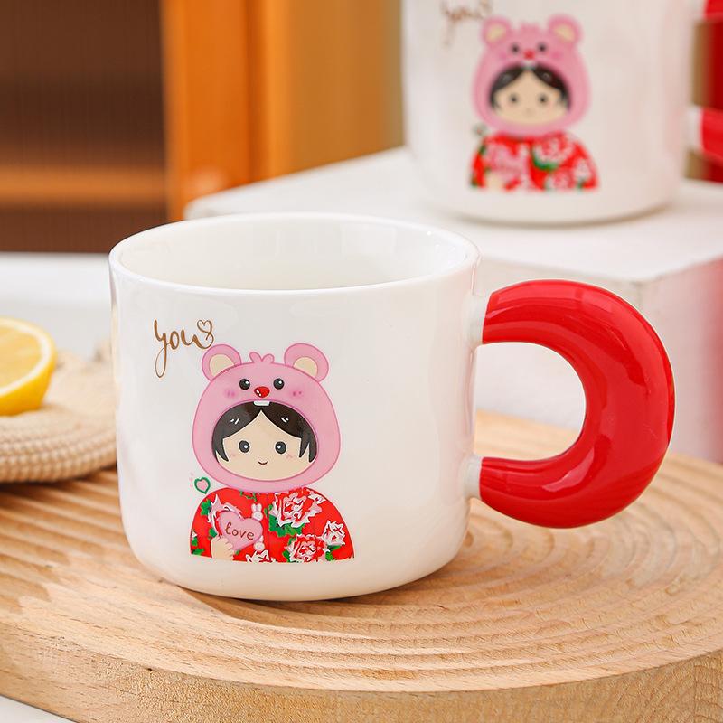 Northeast Big Flower Retro Mug Big Handle Couple Cup Practical Ceramic Water Cup Gift Box