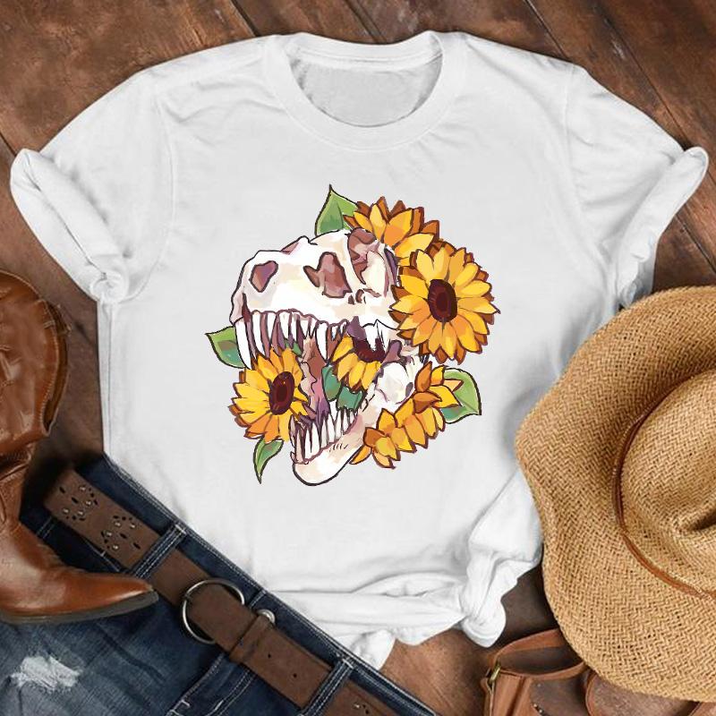 Women Summer T Shirt Trend Sunflower Print Retro Fashion Short Sleeve Tees Casual   Printed  Tops