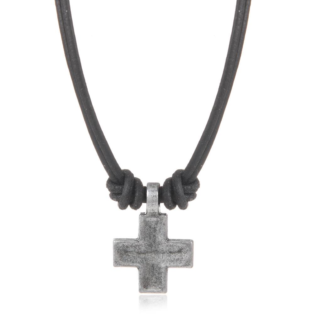 Retro Woven Cross Pendant Cowhide Necklace - European & American Style чёрный