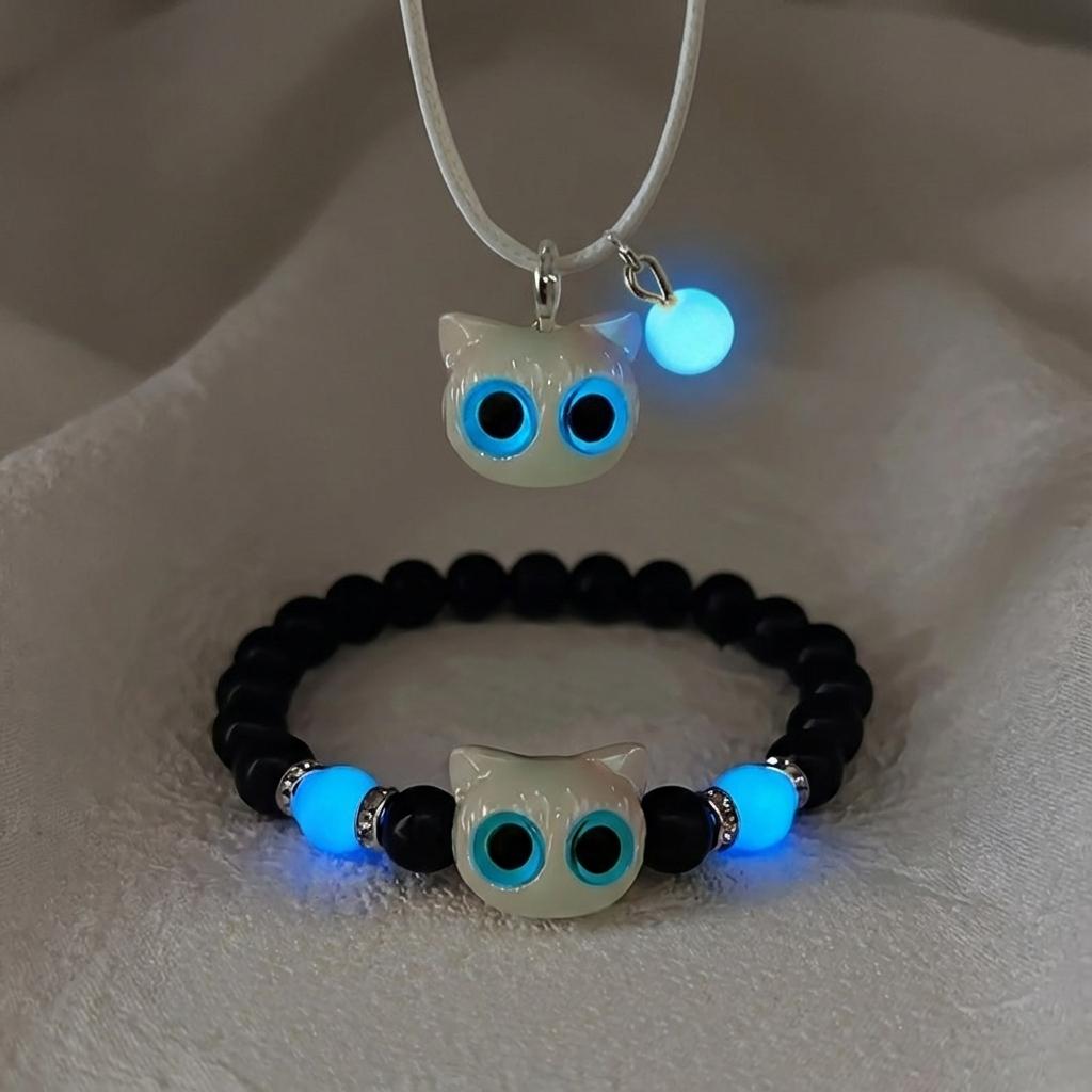 Luminous Black Cat Pendant Bracelets for Women Men Cute Cartoon Resin Big Eye Kitten Pendant Necklace Fashion Couple Jewelry