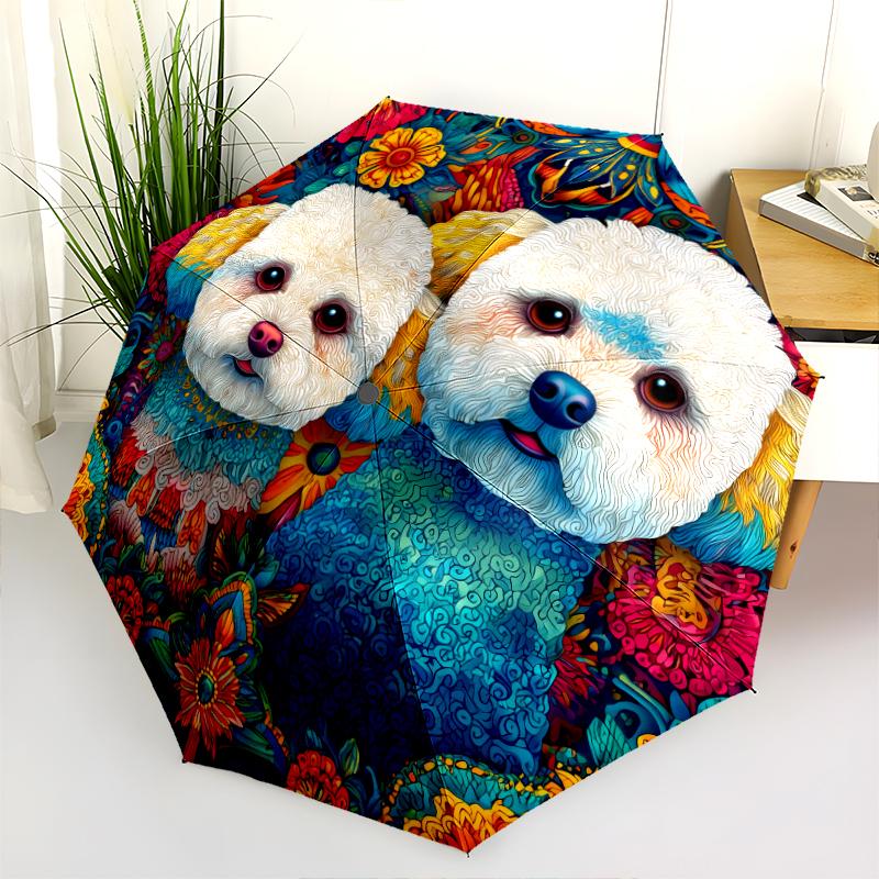 Two Bichon Pattern, Automatic Folding Umbrella, Portable and Foldable Design, 8 Ribs, a Christmas or Birthday Gift.