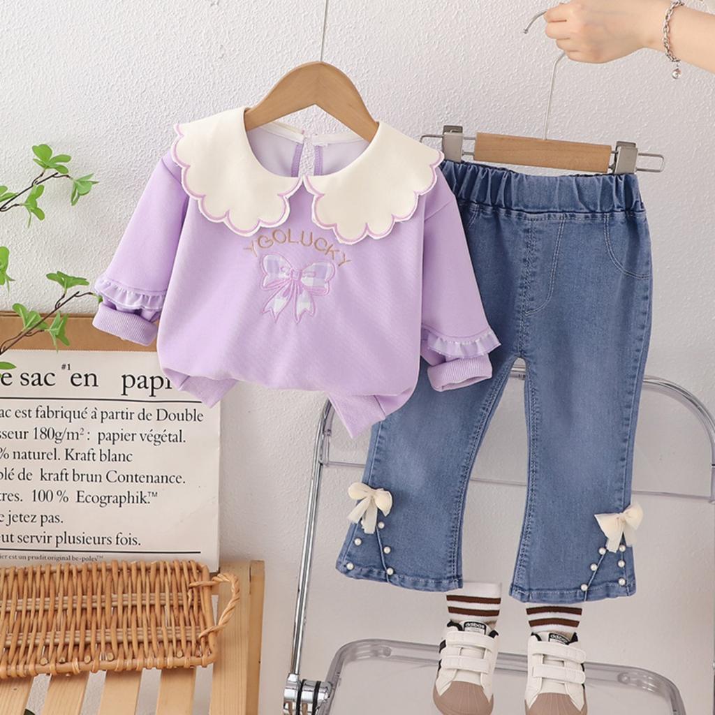 Roztomilý svetr s dlouhým rukávem a mašlí pro holčičky, stylový a ležérní dvoudílný kostým