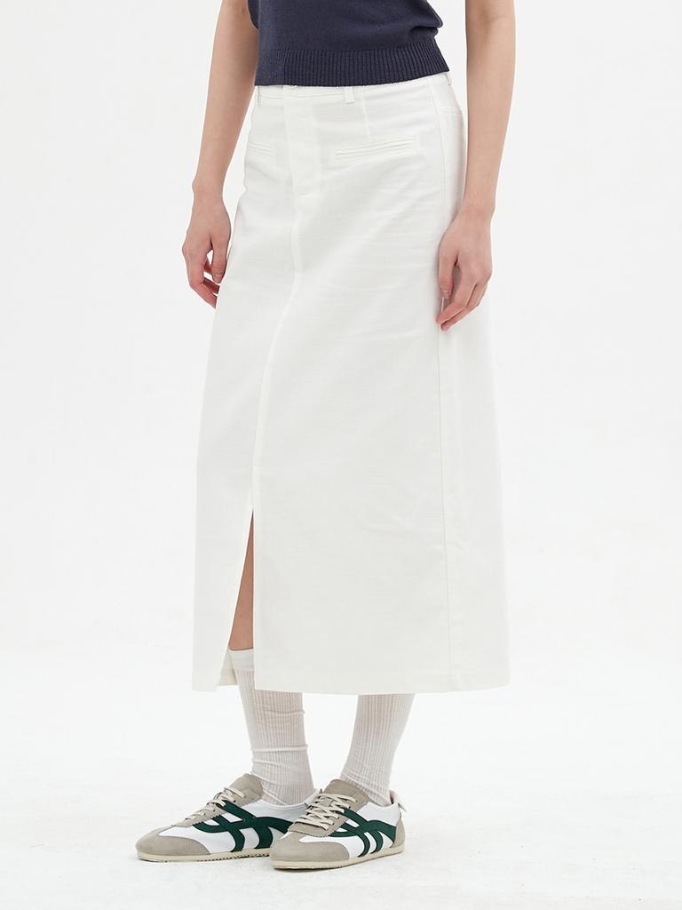 Elssibeui Linen Front-Slit Long Skirt_White