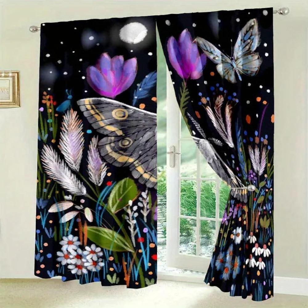 Elegant Vintage Floral Butterfly Print Jacquard Polyester Doorway Curtains with Tie Back Machine Washable Pastoral Theme Boho