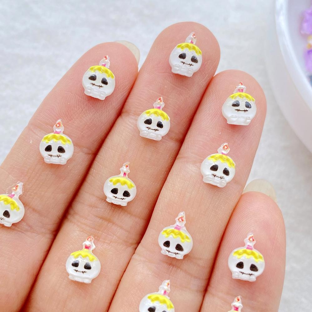 50pcs Resin Cute Mini Cartoon Halloween Black Cat, Ghost, Skull Candle Nail Art Flatback Rhinestone DIY Scrapbook Decor Crafts