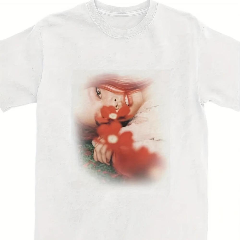 

2026 Jenny Ruby s Debut Studio Album Merchandise T-shirt White Printed with Red Floral Pattern; Couple s Cotton Loose-fitting Shirt 4XL