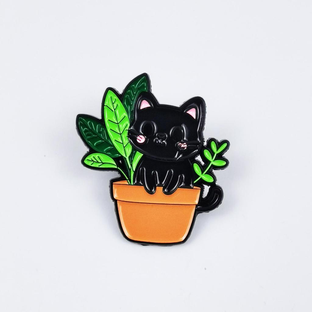 Cute Black Cat Potted Plant Brooch - Cartoon Animal Alloy Accessory for Backpacks & Clothing