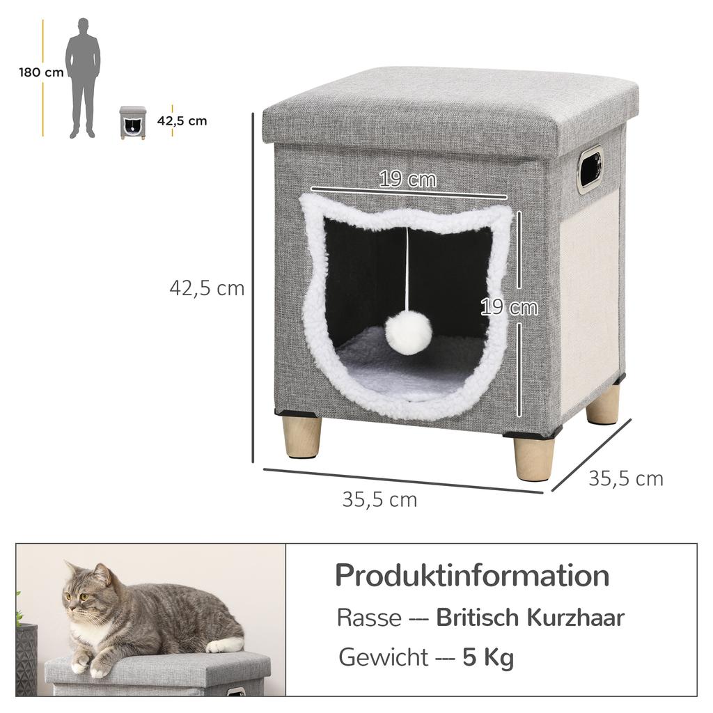 Cat Cave, Cat House, incl. Play Ball, Washable Cushion, 35.5 cm x 35.5 cm x 42.5 cm