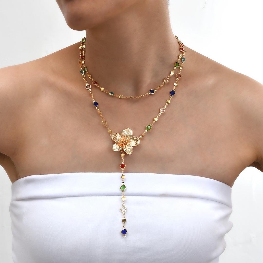 Boho Gold Color Multi-Layer Necklace Set for Women Fashion Zircon Bow Knot Water Drop Heart Pendant Necklaces Jewelry