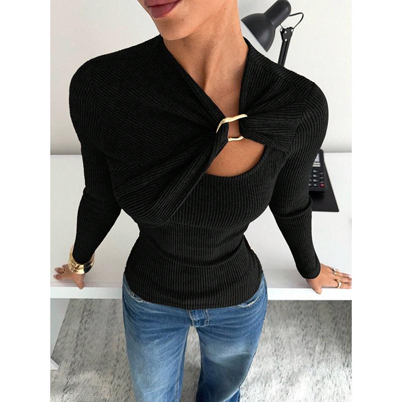 

Hollow Metal Buttons Long-sleeved T-shirt Female Solid Slim Pullover Bottoming Shirt Fashion Spring Female T Shirts S чёрный