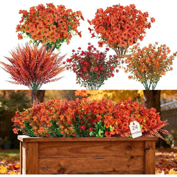 CEWOR 24 Bundles Orange Artificial Mums Flowers Fake Fall Plants for Outdoor Indoor, Fake Silk Daisy with Eucalyptus Leaves for Autumn Garden Front