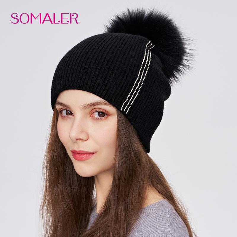 SOMALER Women Winter Fur Pom Pom Hat Wool Knit Beanie Hat With Rhinestone Warm Double Layer Luxury Fur Bobble Outdoor Cap