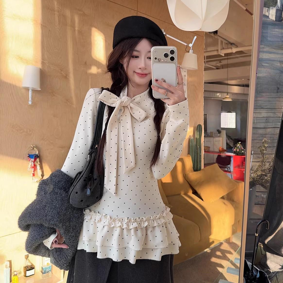 Korean Sweet Bow Tie Ruffle Polka Dot Women s Thermal Slimming T-shirt for Autumn/Winter Medium белый