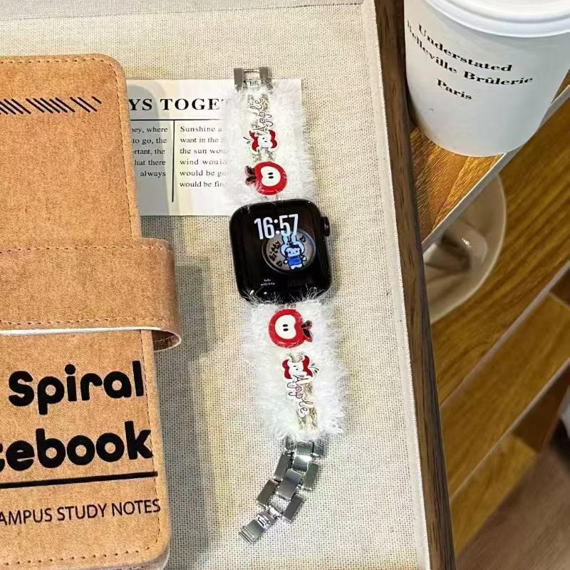 New Winter Fluffy Titanium Steel Strap Band For Apple Watch Series 10 46mm 42mm 9 7 8 5 6 44mm 45mm 40mm 41mm Ultra 49mm Bracelet Correa Loop Strap