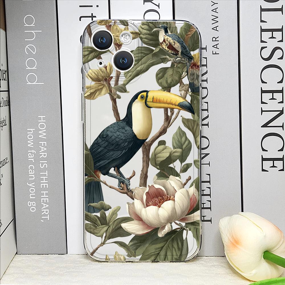 Cartoon Monstera Leaves Palm Tree Flowers Bird Phone Case for iPhone 17 16 15 14 11 12 13 Pro Max Mini 7 Plus X XS XR Soft Cover