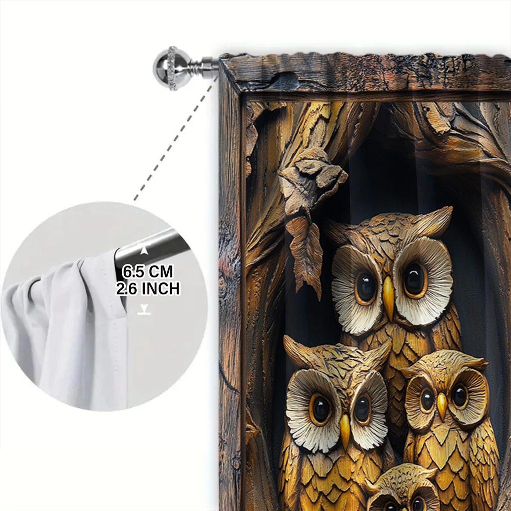 2pcs Vintage Woodcarved Owl Printed Curtain for Home Decor - Rod Pocket Window Treatment for Bedroom, Office, Kitchen