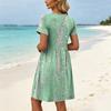 Women Short Sleeve Floral Print Dress Casual Round Neck Waist Tie with Pockets Lightweight Relaxed Fit Summer Dress