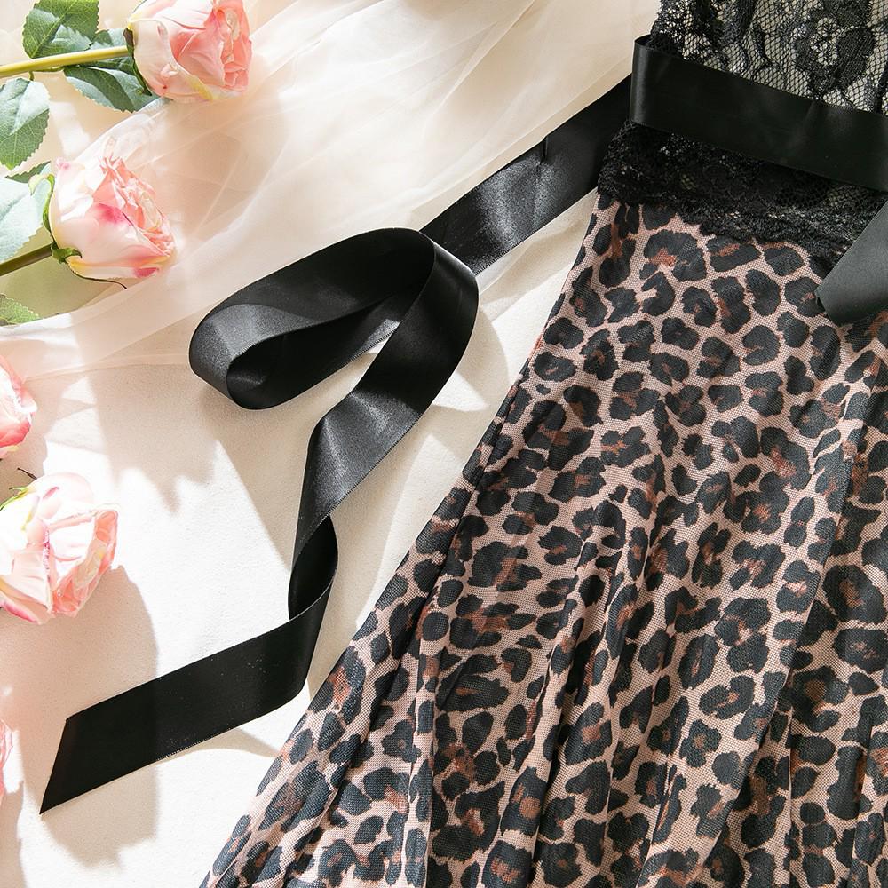 Lace Trim Leopard Print See-Through Patchwork Nightgown