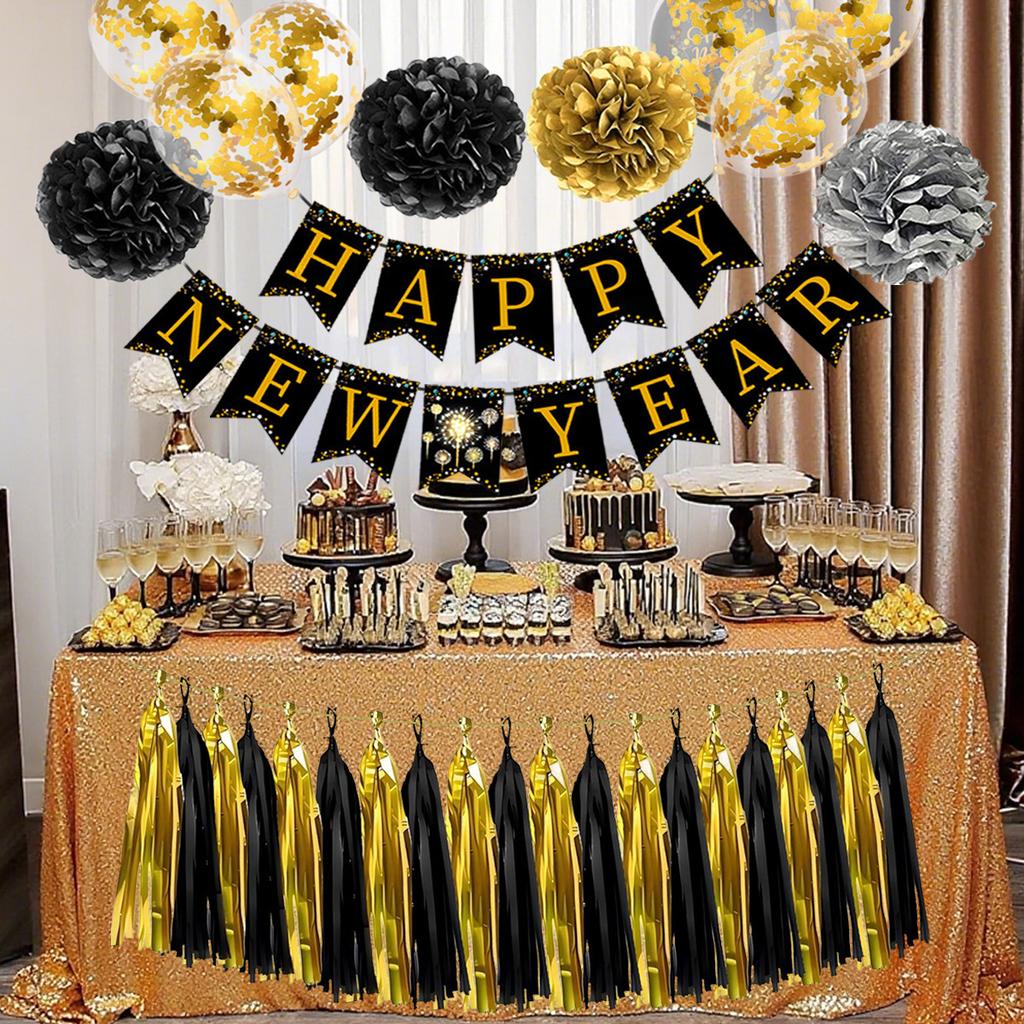 New Year'S Day Wedding Birthday Party Decoration, Black Gold Paper Fringe Diy Ribbon