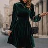 Spring Women Velvet Dress Long Puff Sleeve High Waist A-Line Knee-Length Solid Color Stand Collar Casual Dresses