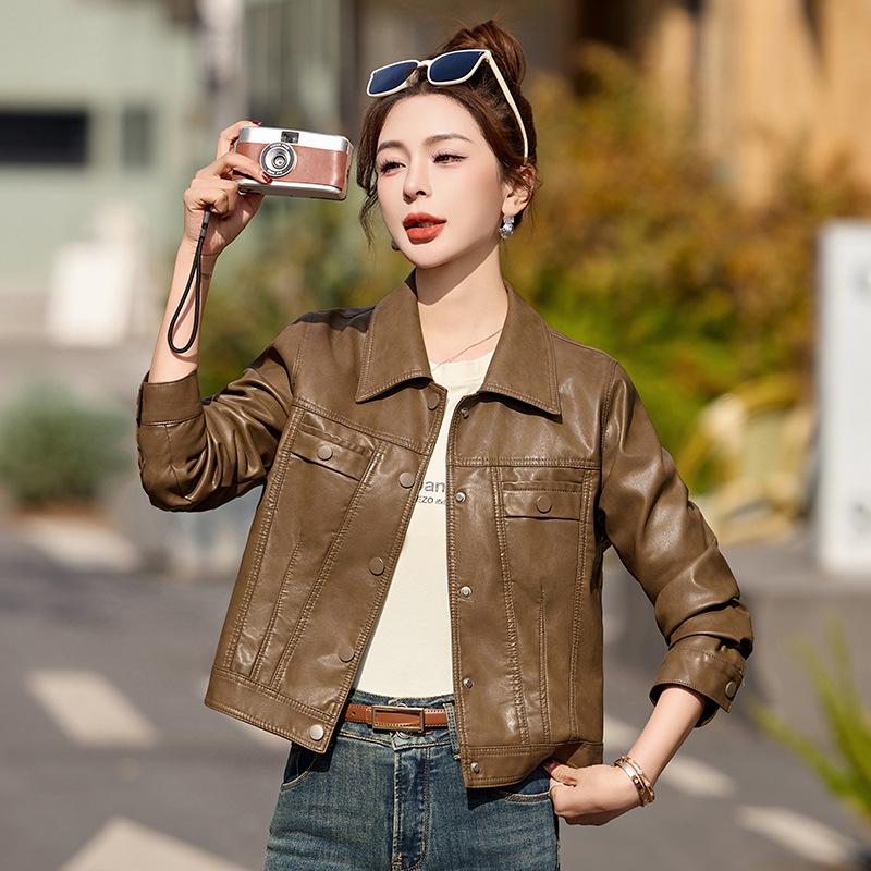 2025 Women's Slim Leather Jacket: Short, Fashionable, Turn-Down Collar Coat XG9957