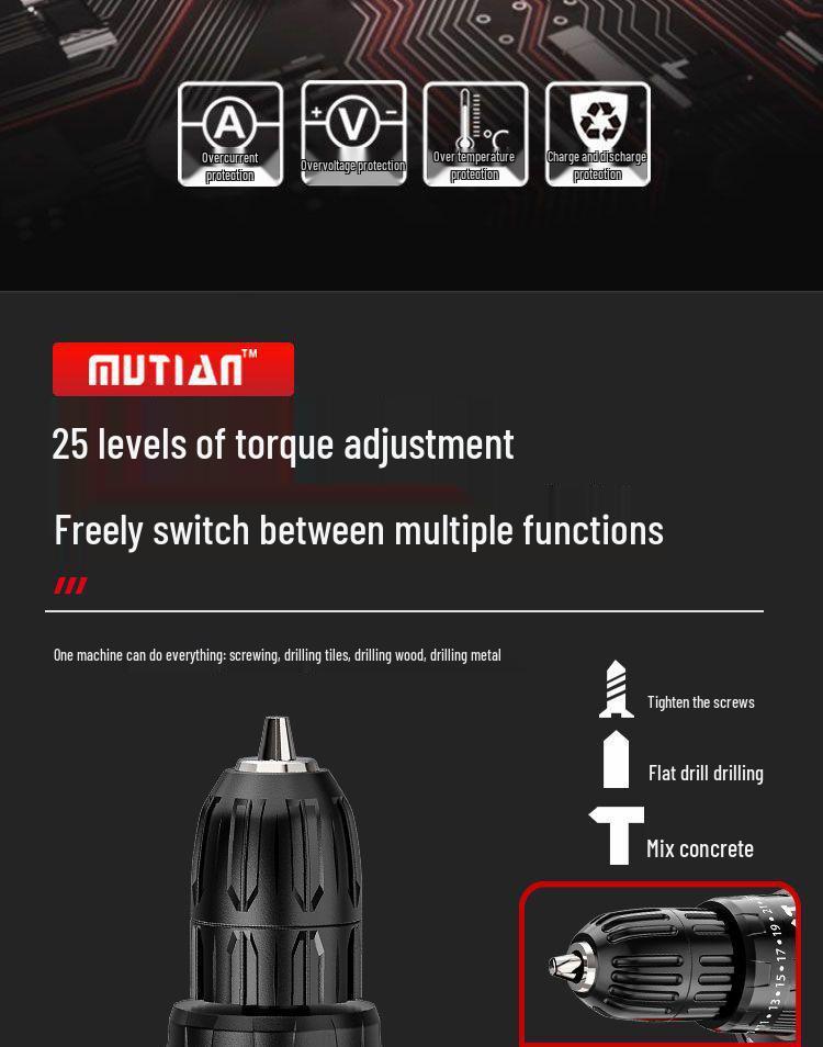Industrial Ultra-High Power Dual-Speed Electric Drill with Lithium Battery & Multi-Function Impact & Screwdriver Capabilities