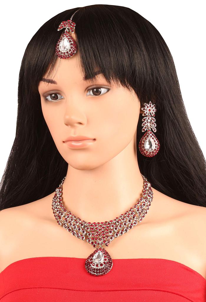 Touchstone Indian Bollywood Traditionally Marked White and Red Rhinestone Alluring Bridal Designer Jewelry Necklace Set In Silver Tones for Women.