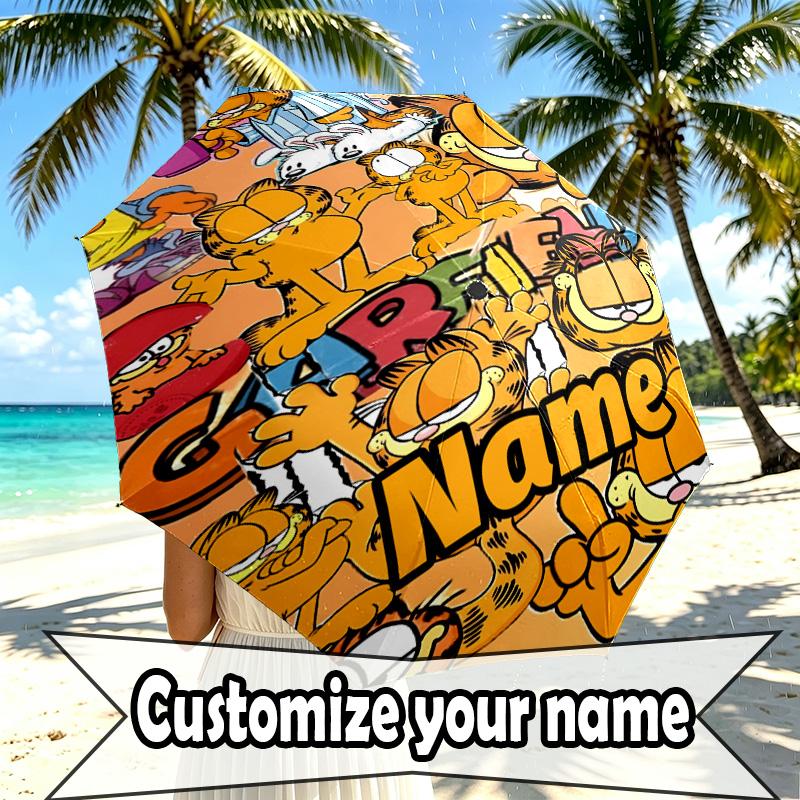 Custom Name Personalized Garfield Print Umbrella, Auto Open Close, 8‑Rib Sturdy Frame, Commute Camping Hiking Use, Birthday Gift